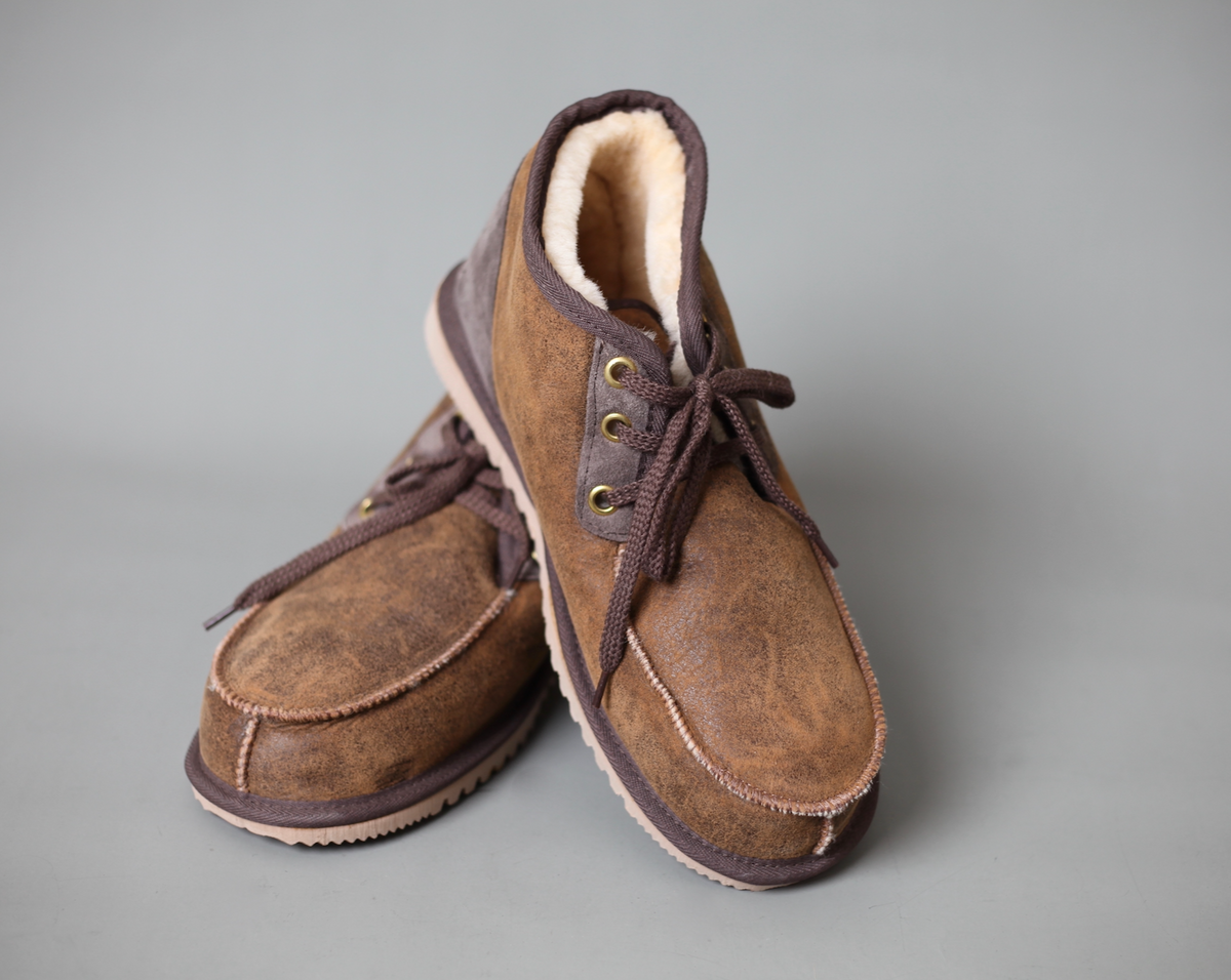 Brogue Lace-up. Genuine double face sheepskin. Lightweight and fully-fleeced inside. Outer surface has a full-grain, distressed, nappa leather like finish. Hard rubber soles. Handmade in Australia